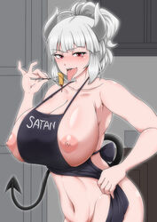 1girls apron areolae bare_shoulders black_apron blush breasts breasts_out_of_clothes cleavage demon_girl demon_horns erect_nipples eyebrows_visible_through_hair female female_only female_solo food hadaka_apron hair_bun helltaker high_resolution horns huge_breasts kurisutorisu large_breasts long_hair looking_at_viewer lucifer_(helltaker) mole mole_under_eye naked_apron naughty_face nipples open_mouth red_eyes solo standing suggestive tied_hair tongue tongue_out white_hair white_horns