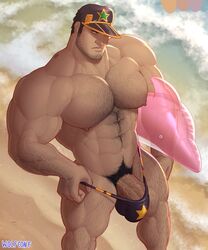 1boy abs artist_name ball_bulge bara beach beard beefy big_penis black_hair body_hair bulge bulging dilf facial_hair flaccid hairy_chest hairy_male hard_nipples huge_cock huge_pecs human joestar_birthmark jojo's_bizarre_adventure jotaro_kujo looking_at_viewer male male_nipples male_only male_pubic_hair male_thong manly muscles muscular_arms muscular_male ocean pecs penis penis_base penis_outline seaside semi-erect showing_off solo speedo speedo_only stone_ocean stripping stubble swimwear taking_clothes_off teasing undressing veiny_muscles veiny_penis waves wolf_con_f