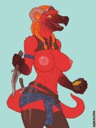 anthro dagger female flat_colors furry huge_breasts neracoda red_skin scalie topless