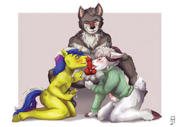 anthro bovid canid canine canis caprine collaborative_fellatio equid equine fellatio goat group group_sex horn horse irhileth male male/male mammal masturbation oral penile pony sex threesome unicorn unicorn_pony wolf