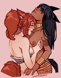 2girls animal_ears biting_lip black_hair blush choker cuddling dark_skin egyptian enjoying face_paint facial_mark final_fantasy final_fantasy_xiv gold_jewelry groping groping_breasts licking_neck miqo'te momodeary multiple_girls nipples ponytail tail tattoo yuri