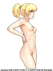 blonde_hair cowboy_shot elf green_eyes navel nude pointy_ears ponytail pubes ronindude small_breasts solo_female standing white_background