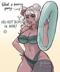 1girls 2020 belly big_breasts bikini complaining dark-skinned_female female female_only hair_ornament hand_on_hip league_of_legends mambolina pool_party_qiyana pool_party_series pout pouting qiyana_yunalai riot_games thigh_gap