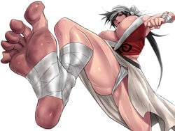 1girls bandages black_hair bleach breasts cleavage clothing dirty_feet feet female female_only foot_fetish from_below fundoshi green_eyes huge_breasts kukaku_shiba one_leg_raised shiva_(tairakuten) simple_background soles stomp toes turban underwear viewed_from_below white_background