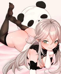 0.8 ass breasts cleavage dat_ass female from_behind green_eyes large_breasts long_hair looking_at_viewer nier:_automata on_bed original original_character panda skimpy_clothes smiling thong thong_leotard white_hair yorha_2b_(cosplay)