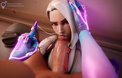 2futas 3d 3d_(artwork) ashe_(overwatch) big_breasts big_penis blizzard_entertainment blowjob breasts brown_skin cum cum_string dark-skinned_futanari dark_skin erection eyeshadow fellatio futa_on_futa futa_pov futanari just_the_tip justfuta large_breasts mole mole_on_penis naughty_face oral overwatch penis pov red_eyes red_lipstick short_hair sombra white_hair