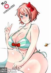 big_breasts bikini bikini_bra bikini_top blue_eyes blush bow breasts doki_doki_literature_club female hairbow just_sayori large_breasts looking_at_viewer peace_sign pixzapix red_bow sayori_(doki_doki_literature_club) simple_background smiling solo thick_thighs thighs