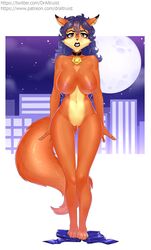 1girls amber_eyes badge belly blue_hair blush carmelita_fox collar draltruist embarrassed female fox fox_ears fox_girl fox_tail furry hourglass_figure huge_breasts long_hair naked navel nipples nude nude_female sly_cooper_(series) smooth_fur voluptuous