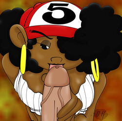 1boy 1girls abigail_lincoln afro aged_up big_penis black_hair codename:_kids_next_door dark-skinned_female dark_skin hat hoagie_gilligan hoop_earrings interracial knd kndhentai licking_penis numbuh_2 numbuh_5 partial_male smooth_skin veiny_penis