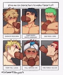 6boys animal_ears animated bara big_penis black_hair blonde_hair blowjob blue_eyes blush brown_eyes brown_hair camp_buddy cheek_bulge chest_scar cock_gobble cock_hungry color crossover cum_hungry deepthroat disembodied_penis ear_piercing ear_stud earrings enen_no_shouboutai face_fucking fairy_tail fellatio fire_force full_service gay gif giving_head going_down_on green_hair headband interracial irrumatio knob_polishing kurosilver laxus_dreyar male male_only multiple_boys multiple_males multiple_penises muscle muscles muscular muscular_male naoto_hamasaki oki_ardana one_eye_closed one_piece oral paizuri_fellatio panels pecjob pecs penis_in_mouth playing_skinflute red_hair rom_(show_by_rock!!) roronoa_zoro scar scar_across_eye scars show_by_rock!! six_fanarts_challenge tan_penis throat_bulge throat_fuck thrusting_into_mouth tongue_out vulcan_joseph yaoi