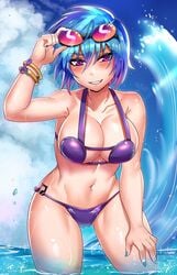 1girls belly bikini blue_hair blush bracelet cameltoe cleavage female friendship_is_magic hand_on_thigh humanized iojknmiojknm large_breasts looking_at_viewer my_little_pony navel ocean purple_bikini purple_eyes sunglasses_on_head vinyl_scratch_(mlp)