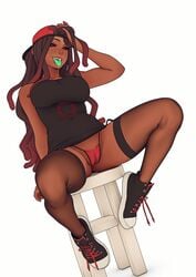 1girls areolae big_breasts black_hole breasts cameltoe dark-skinned_female dark_skin dreadlocks female female_only green_tongue john_doe large_breasts legs_apart looking_at_viewer nipples panties sneakers solo thighhighs thong tongue tongue_out