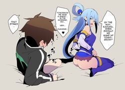 1boy 1girls aqua_(konosuba) ass assisted_masturbation big_ass big_breasts blue_eyes blue_hair blush boots bottomless brown_hair casual_nudity clothed clothing dialogue flashing hair_bun heel_boots high_heel_boots jacket japanese_text jikatarou kono_subarashii_sekai_ni_shukufuku_wo! lifted lifted_by_self lifted_skirt lifting lifting_clothing lifting_skirt long_hair looking_at_another looking_at_partner looking_back masturbation no_panties open_mouth satou_kazuma short_hair skirt skirt_lift speech_bubble tagme text thick_thighs thigh_boots thighhigh_boots thighhighs thighs