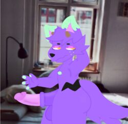 anthro antlers balls bed bedroom big_penis canid canine canis erection eyebrows fluffy fluffy_tail freckles fur furniture genitals goopy_(character) hand_behind_head horn looking_away male male/male mammal miri-1017 nipples pawpads penis pink_penis purple_body purple_fur scratching_head slime thick_thighs wolf