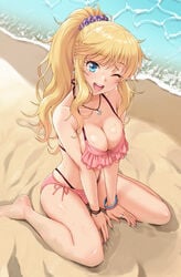 1girls ;d arm_support bangs bare_legs barefoot beach bikini blonde_hair blue_eyes blush bracelet breast_squeeze breasts cleavage collarbone day earrings eyebrows_visible_through_hair female female_only floral_print frilled_bikini frills from_above gyaru hair_ornament hair_scrunchie halterneck heart heart_necklace high_ponytail highres idolmaster idolmaster_cinderella_girls jewelry kogal layered_bikini long_hair looking_at_viewer medium_breasts nail_art nail_polish necklace nigou one_eye_closed ootsuki_yui open_mouth outdoors pink_bikini pink_nails ponytail ring sand scrunchie side-tie_bikini sidelocks sitting skindentation sleeveless smile solo spread_legs sweat swimsuit upper_teeth water wink