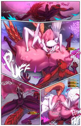 areolae bodily_fluids breasts comic cum cum_on_breasts fred_perry huge_breasts large_areolae large_breasts large_ears large_nipples monster_girl monster_hunter monster_hunter_world nipples odogaron paizuri paolumu penis pubic_hair pussy pussy_juice straight tagme tail trembling wings