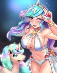 1girls belly blue_hair bocas_top bracelet crossover curvy female friendship_is_magic galarian_ponyta horn huge_breasts multicolored_hair my_little_pony navel pink_hair pokeball pokemon ponyta princess_celestia_(mlp) purple_hair revealing_clothes skirt smooth_skin tiara ytrall