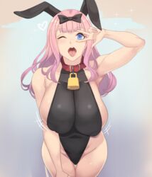 1girls animal_ears bangs bell black_bow blue_eyes blunt_bangs blush bow breasts bunny_ears bunny_girl busty cleavage collar cowbell curvaceous curvy female fujiwara_chika hair_ornament hairbow heart high_resolution kaguya-sama_wa_kokurasetai_~tensai-tachi_no_renai_zunousen~ large_breasts leotard long_hair looking_at_viewer metal_owl navel one_eye_closed open_mouth pink_hair shiny shiny_hair shiny_skin sideboob smile solo_focus tongue tongue_out v venus_body voluptuous wink