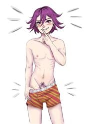 1boy danganronpa danganronpa_v3 kokichi_ouma looking_at_viewer male male_only male_solo ouma_kokichi pale_skin pants pants_down penis_under_clothes pubic_hair purple_eyes purple_hair skinny smiling_at_viewer solo solo_male straight_hair undressing