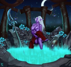 black_lips botslim breasts elf female flower glaive glowing_eyes large_breasts long_ears long_hair moon moonwell night night_elf night_sky no_pupils partially_clothed ponytail purple_lipstick purple_skin realistic rock sky solo solo_female staff topless water weapon white_hair world_of_warcraft