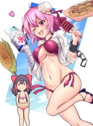 2girls bikini brown_hair corn fried_squid kasen_ibaraki nioti pink_hair red_eyes reimu_hakurei shaved_ice tagme touhou white_jacket