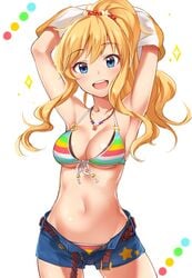 1girls 2020 2020s :d absurdres armpits arms_behind_head arms_up bangs belt bikini bikini_bra bikini_under_clothes blonde_hair blue_eyes blue_shorts blush breasts buckle cleavage color_guide contrapposto cowboy_shot denim denim_shorts eyebrows eyebrows_visible_through_hair female female_only flower front-tie_top grin groin gyaru hair_flower hair_ornament halter_top halterneck happy head_wreath highres horizontal_stripes idolmaster idolmaster_cinderella_girls idolmaster_cinderella_girls_starlight_stage jean_shorts jewelry kogal long_hair looking_at_viewer medium_breasts multicolored multicolored_panties multicolored_stripes navel necklace o-ring o-ring_top ootsuki_yui open_fly open_mouth panties ponytail shiny shiny_skin shirt_lift short_shorts shorts simple_background smile solo sparkles standing star_(symbol) star_print stomach string_bikini striped striped_bikini striped_swimsuit swimsuit swimsuit_under_clothes takeashiro teeth tomboy underboob undressing unzipped wavy_hair white_background