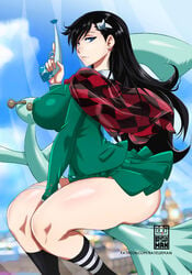 1girls ass bayeuxman big_ass big_breasts black_hair bleach blue_eyes breasts burn_the_witch eye_contact female holding_object large_breasts long_hair looking_at_viewer noel_niihashi patreon_username sideboob sitting skirt skirt_lift thick_thighs thighs wide_hips