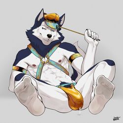 1:1 2019 abs absurd_res anthro bau_husky black_nose blue_eyes bodily_fluids bulge canid canine canis clothing domestic_dog eyebrows genital_fluids harness hat headgear headwear hi_res holding_object husky jockstrap legwear looking_at_viewer lying male male_only mammal multicolored_body muscular muscular_male nipples nordic_sled_dog on_back pecs precum precum_through_clothing repzzmonster signature simple_background smile socks solo spitz sweat two_tone_body underwear wet wet_clothing