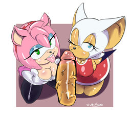 1boy 2girls accessory alternate_costume amy_rose amy_rose_(cosplay) amy_the_bat anthro armwear bedroom_eyes big_breasts big_penis breasts clothed clothing cosplay disembodied_penis dress elbow_gloves female flirting gloves holding_breasts huge_cock huge_penis kissing kissing_penis kneeling looking_at_viewer makeup male on_knees one_eye_closed penis_kiss robo-sama rouge_rose rouge_the_bat rouge_the_bat_(cosplay) sega sonic_(series) straight tongue tongue_out video_games wings wink