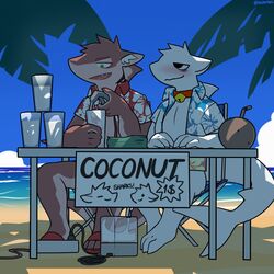 aloha_shirt anthro beach blush bodily_fluids bottomless clothed clothing cloud coconut cum cum_in_a_cup cup desk drupe_(fruit) duo femboy fin fish food fruit furniture furred_shark genital_fluids genitals hacony hair hi_res male male_only marine money palm_tree partially_clothed penile penis penis_milking plant qundium sand sea seaside sex shark stealth_sex tree twink water yewonlee1999