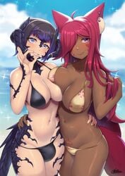 1futa 1girls animal_ears au_ra big_breasts bikini bikini_bottom bikini_top black_hair blue_eyes breast_press breast_squish breasts bulge cleavage dark-skinned_female dark_skin dickgirl fang female final_fantasy final_fantasy_xiv fur furry_ears futanari gaothun hands_on_hip horns kemonomimi large_breasts miqo'te pubic_tattoo purple_eyes red_hair scales tail