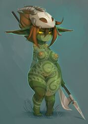 1girls angry bodypaint breasts colored_skin digital_media_(artwork) female genitals glowing glowing_eyes goblin goblin_female grass green_background hair hi_res holding_object holding_weapon huffslove humanoid humanoid_pointy_ears markings mask melee_weapon nipples nude polearm pussy shortstack simple_background solo spear thick_thighs toes tribal tribal_markings weapon yellow_eyes