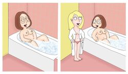 bathroom bathtub blonde_hair breasts brown_hair connie_d'amico family_guy glasses masturbation meg_griffin nude panties robe thong yuri