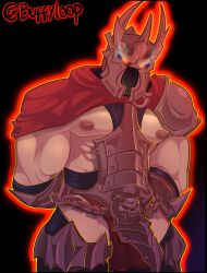 1boy armor bara big_muscles buffyloop evil_eyes gay helmet knight male male_only masked muscular muscular_male nipples overlord_(game_series) pecs red_eyes simple_background skimpy_armor solo solo_male the_overlord unconvincing_armor