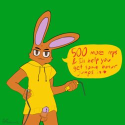 1:1 2020 anthro balls bodily_fluids brown_body brown_fur bunnielovesyou clothing english_text fur genitals green_background hi_res hoodie jump_rope jump_rope_challenge lagomorph leporid male male_only mammal nintendo penis pubes rabbit simple_background smile smirk solo standing sweat text topwear video_games watermark yellow_clothing