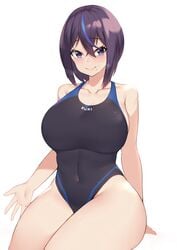 1girls beauty_mark big_breasts breasts female female_only huge_breasts kuavera large_breasts looking_at_viewer miyako_(kuavera) one-piece_swimsuit simple_background smile solo swimsuit thick_thighs voluptuous