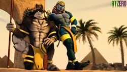 16:9 2021 2boys 3d_(artwork) 4k 5_fingers 5_toes absurd_res anthro armwear balls black_body black_fur blue_body blue_eyes blue_skin bottomwear canid canine canis chest_tuft clothing cobalt_(rtzero) digital_media_(artwork) duo ears_up egyptian egyptian_clothing egyptian_headdress egyptian_mythology facial_piercing feet fingers footwear fur genitals griff_(rtzero) hi_res kneeling legwear lizard lizard_(petruz) loincloth looking_at_another male mammal middle_eastern_mythology mythology nose_piercing nose_ring open_mouth outside palm_tree penis piercing plant pyramid reptile rtzero sandals scalie source_filmmaker staff toes tree tuft watermark white_body white_fur widescreen wolf wolf_(petruz)