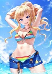 1girls 2020 2020s armpits arms_behind_head bangs bare_shoulders belt bikini bikini_bra blonde_hair blue_eyes blue_shorts blush breasts cameltoe cleavage clouds collarbone daytime denim_shorts female female_only gyaru highres idolmaster idolmaster_cinderella_girls jean_shorts kogal long_hair looking_at_viewer medium_breasts multicolored_panties navel ocean ootsuki_yui open_mouth outdoors panties ponytail seductive seductive_smile short_shorts shorts smile solo standing standing_in_water striped striped_bikini swimsuit takeashiro tomboy unzipped unzipped_shorts water water_drops wavy_hair