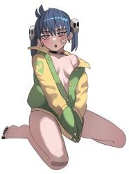 1girls bandage barefoot blue_hair blush bottomless breasts choker earrings female jacket ji-yoon jourd4n looking_at_viewer open_mouth painted_nails pink_eyes tagme wariza