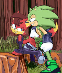 against_tree anthro archie_comics balls breasts clothed clothing female fiona_fox footwear imminent_sex one_leg_up robo-sama scourge_the_hedgehog sega sonic_(series) tail_grab tree video_games