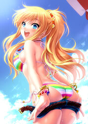 1girls :d ass ass_cleavage ass_crack beach_umbrella belt big_breasts bikini blonde_hair blue_eyes blue_sky bracelet breasts butt_crack character_name cloud commentary_request copyright_name day denim denim_shorts female female_only from_behind gyaru halterneck highres idolmaster idolmaster_cinderella_girls jewelry kogal long_hair looking_at_viewer looking_back multicolored multicolored_bikini multicolored_clothes necklace ootsuki_yui open_mouth outdoors ponytail shorts sideboob sky smile solo string_bikini striped striped_bikini swimsuit swimsuits the_idolm@ster the_idolm@ster_cinderella_girls umbrella undressing wavy_hair