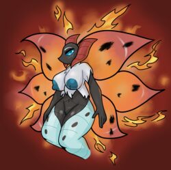 2020 anthro anthrofied areola arthropod big_breasts blue_eyes breasts digital_media_(artwork) female genitals hi_res insects lepidopteran lime09 nintendo nipples non-mammal_breasts nude pokémon_(species) pokémorph pokemon pussy simple_background solo video_games volcarona wings