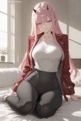 1girl ai_generated bangs bed_sheet black_legwear breasts darling_in_the_franxx eyebrows_visible_through_hair eyeshadow female female_only green_eyes hairband hi_res high_quality high_resolution horns jacket long_hair looking_at_viewer open_clothes open_jacket pantyhose patreon pink_hair seductive seiza sexy sitting smile solo uncensored watermark white_hairband zero_two_(darling_in_the_franxx)