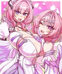 2026 2girls artist_request big_breasts cleavage elysia_(honkai_impact) elysia_(miss_pink_elf)_(honkai_impact) honkai_(series) honkai_impact_3rd hoyoverse huge_breasts pink_hair pointy_ears remielle_dan tagme zenless_zone_zero