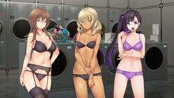 3girls black_hair black_lingerie blonde_hair breasts brown_hair dharker_studios erica(galaxy_girls) eyebrows_through_hair galaxy_girls green_eyes kopianget kotoha(galaxy_girls) multiple_girls purple_eyes sara(galaxy_girls) smiling tagme