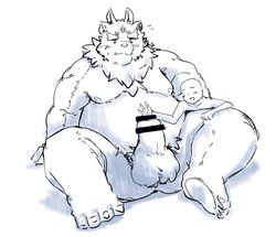 2020 anthro ashi4423 balls belly blush duo erection genitals hi_res humanoid_hands kemono male male_only moobs nipples overweight overweight_male penis simple_background sitting tokyo_afterschool_summoners tsathoggua video_games white_background