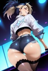 1girl ai_generated akali akali_(league_of_legends) akali_kda alternate ass at back behind belt black blonde blue costume crop cropped denim earrings eyes focus from gap gloves grin hair jacket jewelry k/da_all_out_series k/da_series league_of_legends looking makeup multicolored official ponytail reviaiart shiny short shorts skin smile solo thigh thighhighs thighs top two-tone viewer