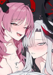 2girls absurdres blue_archive blue_eyes blush breasts cleavage completely_nude demon_girl demon_horns fangs girl_on_top grin hair_between_eyes hair_over_one_eye highres horns huge_breasts long_hair looking_at_viewer makoto_(blue_archive) multiple_girls nude open_mouth pink_eyes pink_hair pov saiun_sigma satsuki_(blue_archive) shirt sidelocks smile sweatdrop white_hair white_shirt