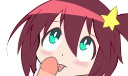 1girls blue_eyes blush brown_hair censored female imminent_fellatio imminent_oral licking_penis luluco penis red_hair space_patrol_luluco tongue_out