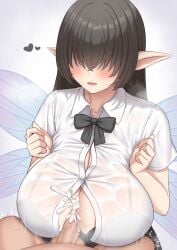 1boy 1girls black_bow black_bowtie black_bra blush bow bowtie bra breasts breasts_squeezed_together brown_hair button_gap censored collared_shirt cum cum_on_body cum_on_breasts ejaculation fairy_wings hair_over_eyes handsfree_breast_squeeze handsfree_paizuri heart hetero huge_breasts long_bangs long_hair mosaic_censoring neoru_(cvfw7854) open_mouth original paizuri paizuri_under_clothes partially_unbuttoned penis see-through_clothes see-through_shirt shirt short_sleeves solo_focus underwear white_shirt wings